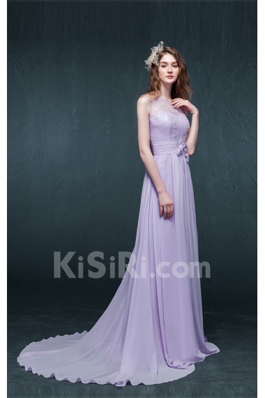 Chiffon Scoop Sweep Train Sleeveless A-line Dress with Sequins, Handmade Flowers