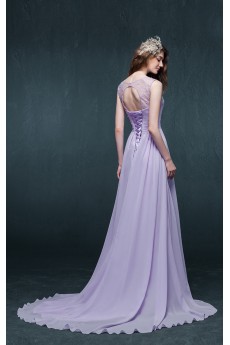 Chiffon Scoop Sweep Train Sleeveless A-line Dress with Sequins, Handmade Flowers