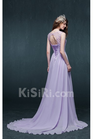 Chiffon Scoop Sweep Train Sleeveless A-line Dress with Sequins, Handmade Flowers