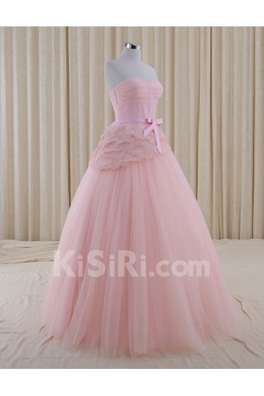 Tulle, Satin Strapless Floor Length Sleeveless A-line Dress with Bow