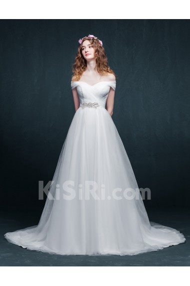 Tulle, Satin Off-the-Shoulder Sweep Train A-line Dress with Rhinestone, Sash