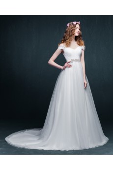 Tulle, Satin Off-the-Shoulder Sweep Train A-line Dress with Rhinestone, Sash