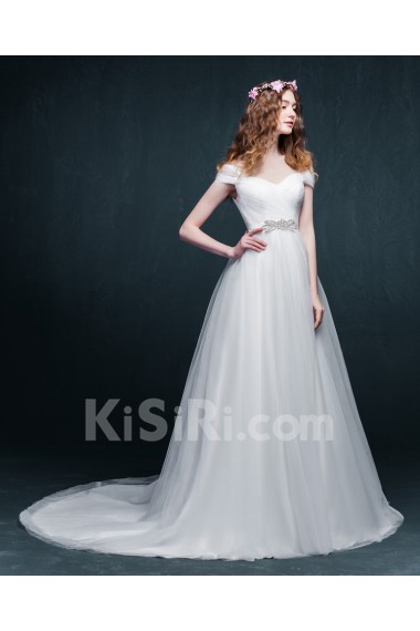 Tulle, Satin Off-the-Shoulder Sweep Train A-line Dress with Rhinestone, Sash