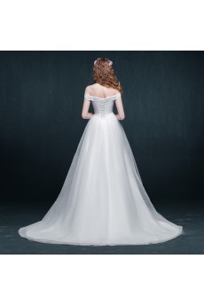 Tulle, Satin Off-the-Shoulder Sweep Train A-line Dress with Rhinestone, Sash