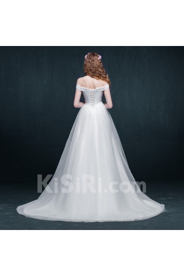 Tulle, Satin Off-the-Shoulder Sweep Train A-line Dress with Rhinestone, Sash