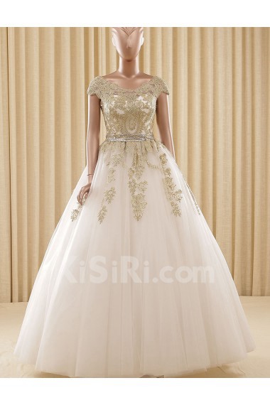 Tulle Scoop Floor Length Cap Sleeve Ball Gown Dress with Rhinestone