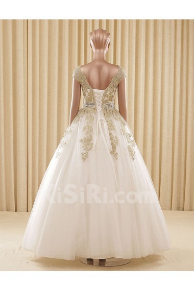 Tulle Scoop Floor Length Cap Sleeve Ball Gown Dress with Rhinestone