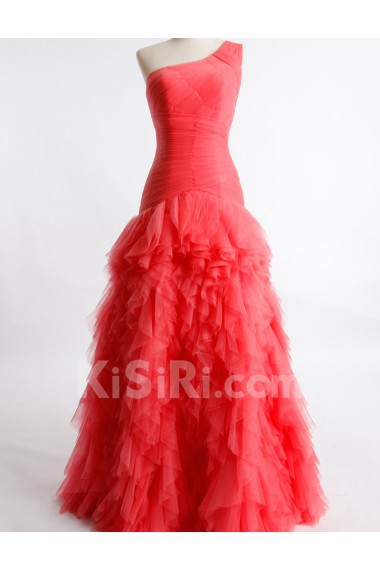 Tulle, Satin One-shoulder Floor Length Sleeveless A-line Dress with Ruched