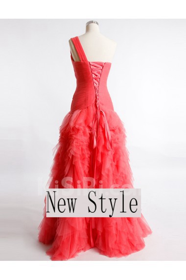 Tulle, Satin One-shoulder Floor Length Sleeveless A-line Dress with Ruched