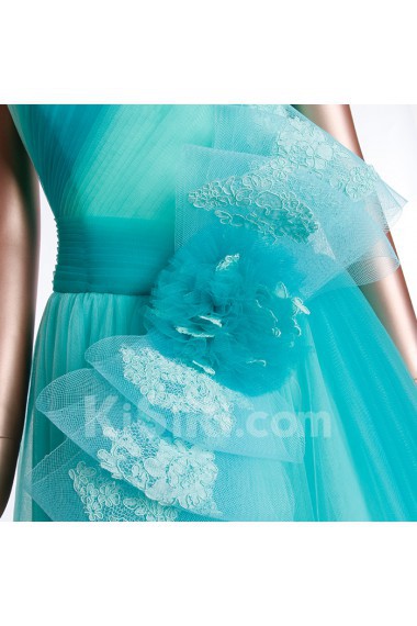 Tulle, Satin Sweetheart Floor Length Sleeveless A-line Dress with Handmade Flowers