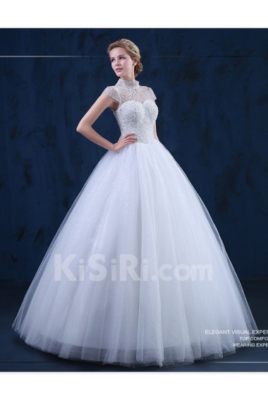 Tulle, Lace High Collar Floor Length Cap Sleeve Ball Gown Dress with Beads