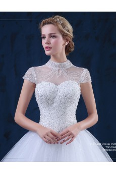 Tulle, Lace High Collar Floor Length Cap Sleeve Ball Gown Dress with Beads