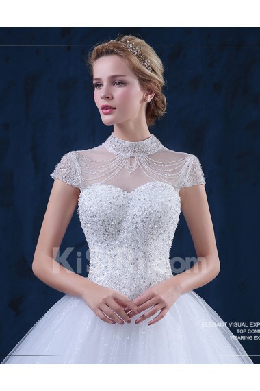 Tulle, Lace High Collar Floor Length Cap Sleeve Ball Gown Dress with Beads