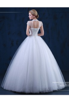 Tulle, Lace High Collar Floor Length Cap Sleeve Ball Gown Dress with Beads