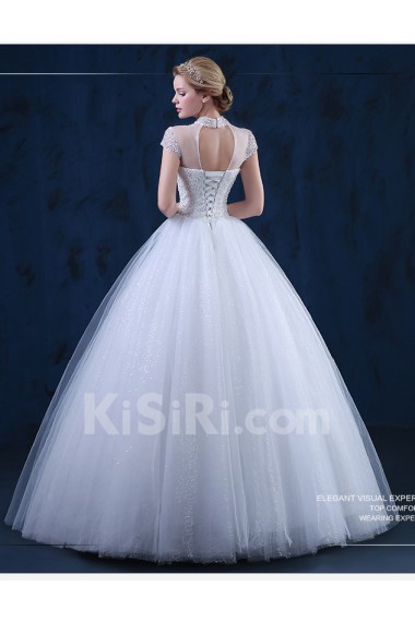 Tulle, Lace High Collar Floor Length Cap Sleeve Ball Gown Dress with Beads