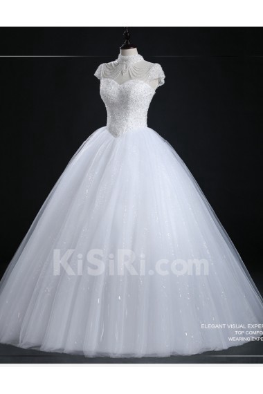 Tulle, Lace High Collar Floor Length Cap Sleeve Ball Gown Dress with Beads