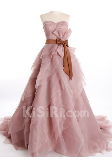 Organza Sweetheart Chapel Train Sleeveless A-line Dress with Bow