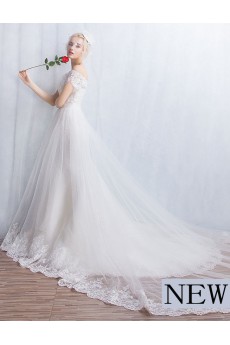 Tulle, Lace Off-the-Shoulder Cathedral Train A-line Dress with Sequins, Bow