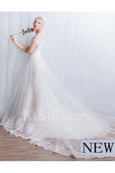 Tulle, Lace Off-the-Shoulder Cathedral Train A-line Dress with Sequins, Bow