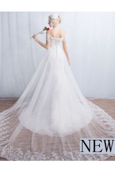 Tulle, Lace Off-the-Shoulder Cathedral Train A-line Dress with Sequins, Bow