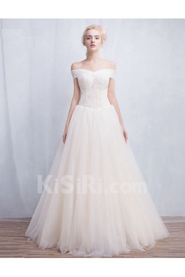 Tulle, Lace Off-the-Shoulder Floor Length A-line Dress with Beads