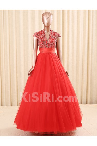 Organza V-neck Floor Length Cap Sleeve Ball Gown Dress with Embroidered