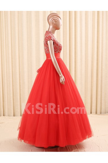 Organza V-neck Floor Length Cap Sleeve Ball Gown Dress with Embroidered