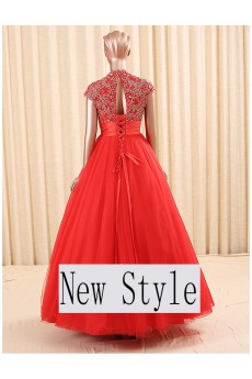 Organza V-neck Floor Length Cap Sleeve Ball Gown Dress with Embroidered