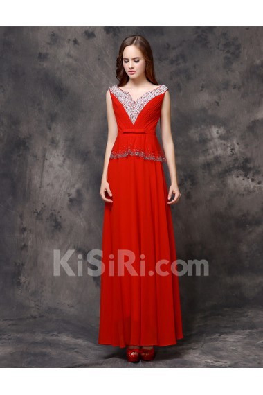 Lace V-neck Floor Length Cap Sleeve Sheath Dress with Bow, Rhinestone