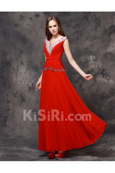 Lace V-neck Floor Length Cap Sleeve Sheath Dress with Bow, Rhinestone