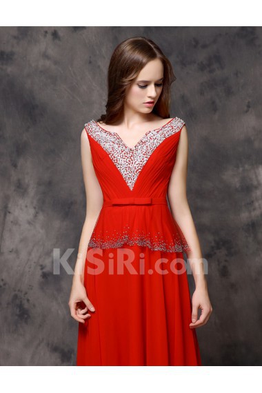 Lace V-neck Floor Length Cap Sleeve Sheath Dress with Bow, Rhinestone