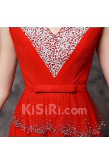 Lace V-neck Floor Length Cap Sleeve Sheath Dress with Bow, Rhinestone