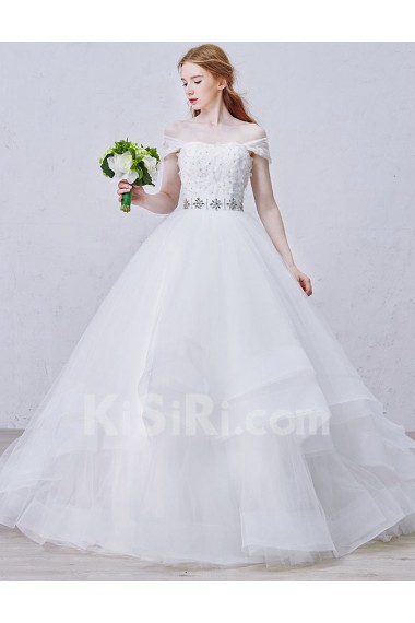 Tulle, Satin, Net Strapless Sweep Train Removable Sleeves Ball Gown Dress with Handmade Flowers, Bead, Rhinestone