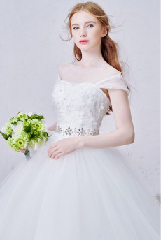 Tulle, Satin, Net Strapless Sweep Train Removable Sleeves Ball Gown Dress with Handmade Flowers, Bead, Rhinestone