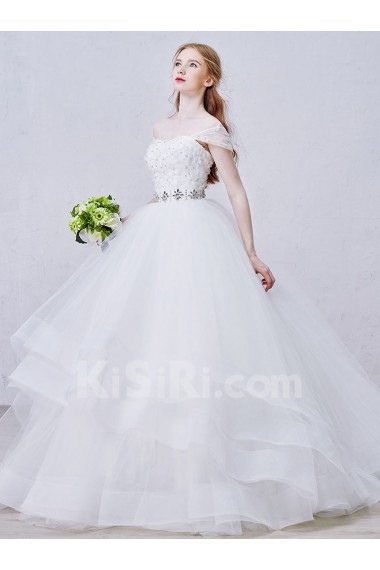 Tulle, Satin, Net Strapless Sweep Train Removable Sleeves Ball Gown Dress with Handmade Flowers, Bead, Rhinestone