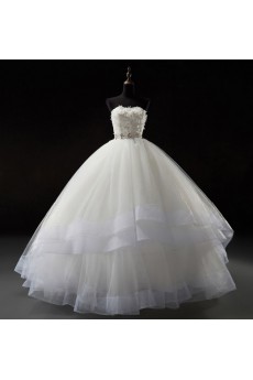 Tulle, Satin, Net Strapless Sweep Train Removable Sleeves Ball Gown Dress with Handmade Flowers, Bead, Rhinestone