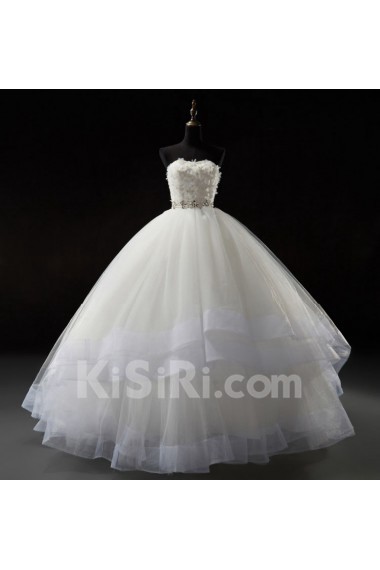 Tulle, Satin, Net Strapless Sweep Train Removable Sleeves Ball Gown Dress with Handmade Flowers, Bead, Rhinestone