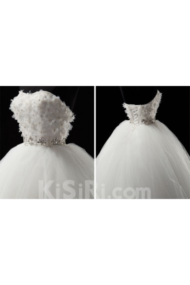 Tulle, Satin, Net Strapless Sweep Train Removable Sleeves Ball Gown Dress with Handmade Flowers, Bead, Rhinestone