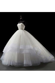 Tulle, Satin, Net Strapless Sweep Train Removable Sleeves Ball Gown Dress with Handmade Flowers, Bead, Rhinestone