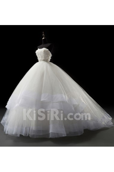 Tulle, Satin, Net Strapless Sweep Train Removable Sleeves Ball Gown Dress with Handmade Flowers, Bead, Rhinestone