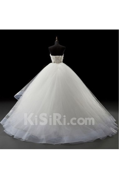 Tulle, Satin, Net Strapless Sweep Train Removable Sleeves Ball Gown Dress with Handmade Flowers, Bead, Rhinestone