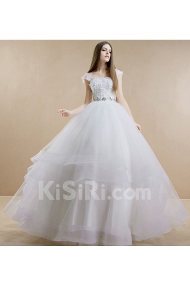 Tulle, Satin, Net Strapless Sweep Train Removable Sleeves Ball Gown Dress with Handmade Flowers, Bead, Rhinestone