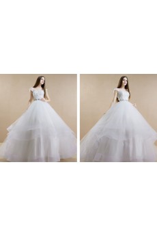 Tulle, Satin, Net Strapless Sweep Train Removable Sleeves Ball Gown Dress with Handmade Flowers, Bead, Rhinestone