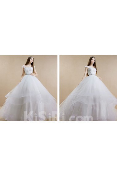 Tulle, Satin, Net Strapless Sweep Train Removable Sleeves Ball Gown Dress with Handmade Flowers, Bead, Rhinestone