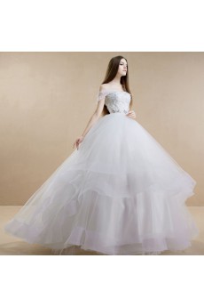 Tulle, Satin, Net Strapless Sweep Train Removable Sleeves Ball Gown Dress with Handmade Flowers, Bead, Rhinestone