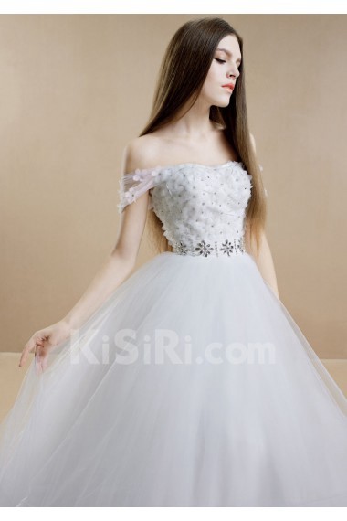 Tulle, Satin, Net Strapless Sweep Train Removable Sleeves Ball Gown Dress with Handmade Flowers, Bead, Rhinestone