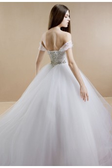 Tulle, Satin, Net Strapless Sweep Train Removable Sleeves Ball Gown Dress with Handmade Flowers, Bead, Rhinestone