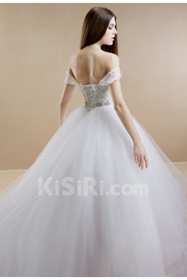 Tulle, Satin, Net Strapless Sweep Train Removable Sleeves Ball Gown Dress with Handmade Flowers, Bead, Rhinestone