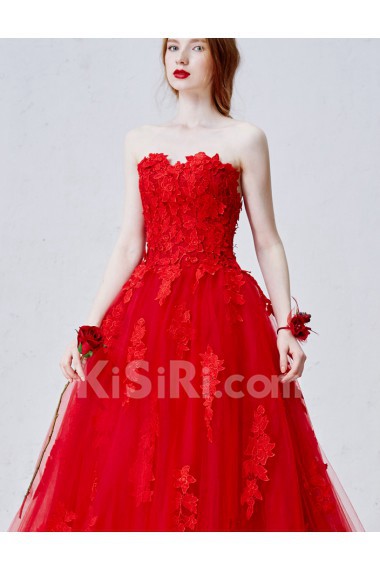 Lace, Tulle, Satin Strapless Sweep Train Sleeveless A-line Dress with Flower