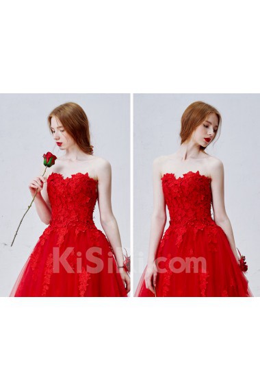 Lace, Tulle, Satin Strapless Sweep Train Sleeveless A-line Dress with Flower